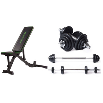 ZESTAW TUNTURI: ŁAWKA + SZTANGA + HANTLE 3W1 20KG